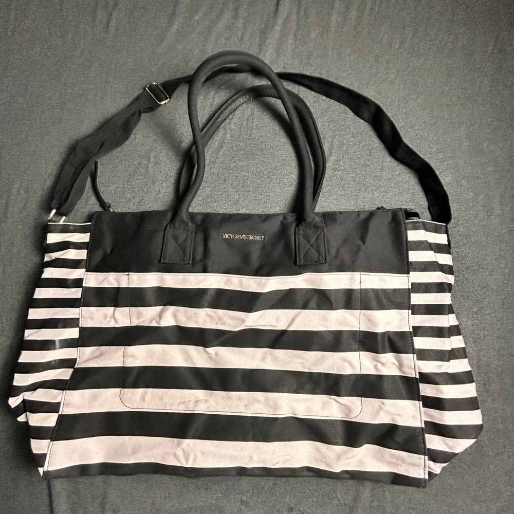Victoria's Secret Striped Black Pink Tote Bag Travel Weekender Shoulder Bag Y2K